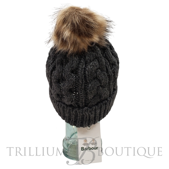 Barbour Hat Beanie Penshaw Cable-Knit Charcoal Faux Fur Pom Cottagecore Outdoor main image 4